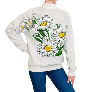 Vintage Garment Graphics Activewear Grey Floral Daisy Turtleneck Sweatshirt